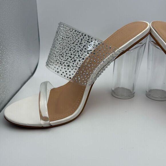 CUSHIONAIRE Women's Nori rhinestone lucite Heel Sandal SIZE 7.5 PREOWNED WHITE S - Picture 6 of 8